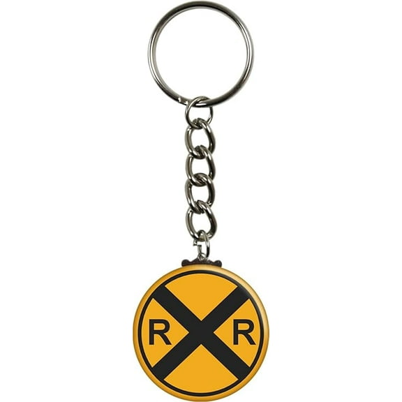 Yellow Railroad Train Crossing Round Sign - 1.5" Metal Keychain