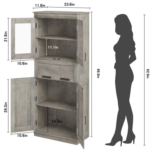 GloryStar 67" Tall Bathroom Storage Cabinet with Glass Doors, Adjustable Shelves, Drawer, Freestanding Tall Cabinet Modern Cupboard for Bathroom, Dining Room, Living Room