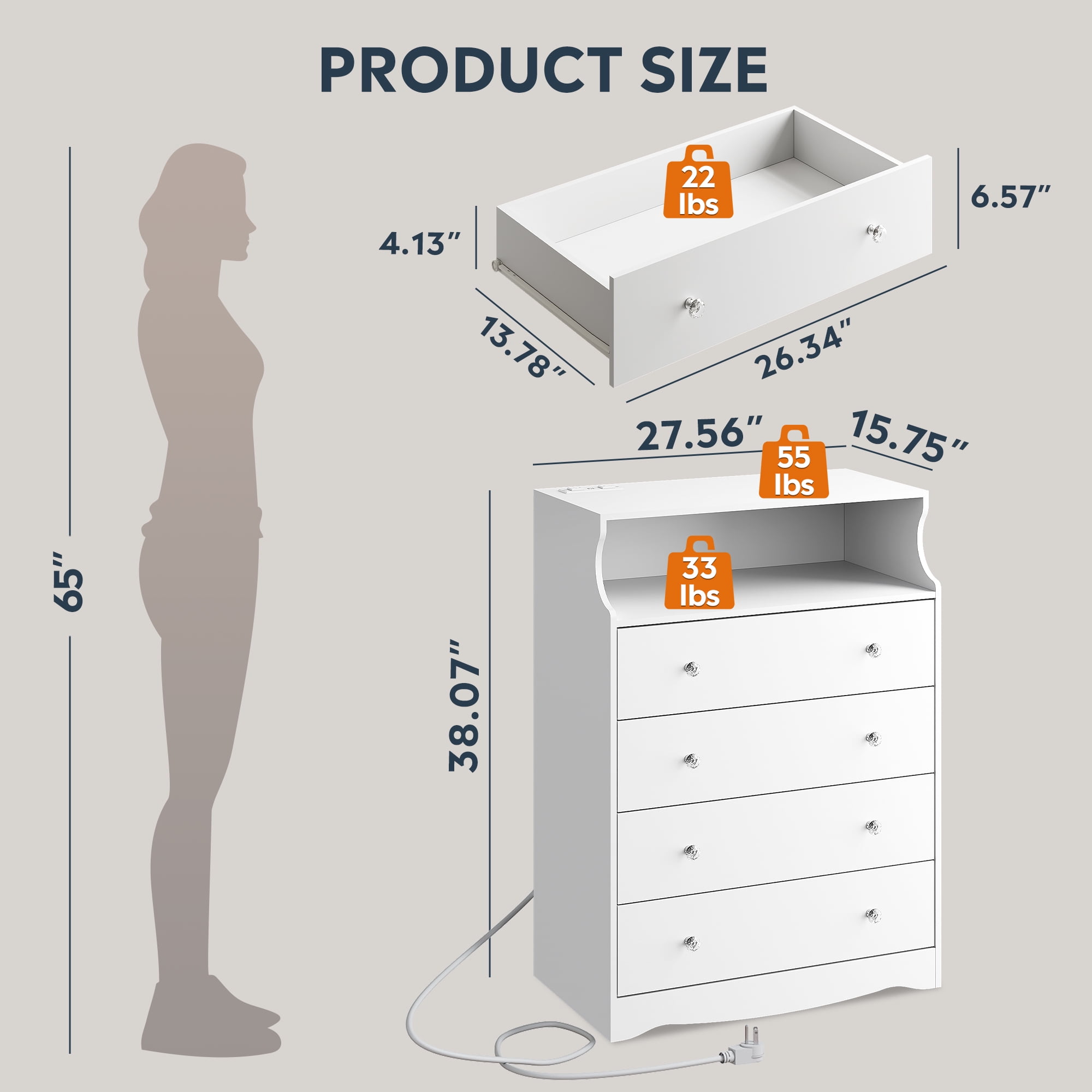 GALAXHERO 4 Drawers Dresser for Bedroom, Tall White Dressers with  LED Open Shelf, Modern Chest of Drawers with Charging Station, Wood Closet Clothes Organizer Storage Cabinet
