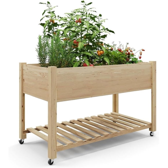 48 Inch Mobile Wooden Planter Box with Under Shelf Storage and Locking Casters, Elevated Raised Garden Bed on Wheels for Patio Backyard Balcony Deck, Gray Oak Natural Wood