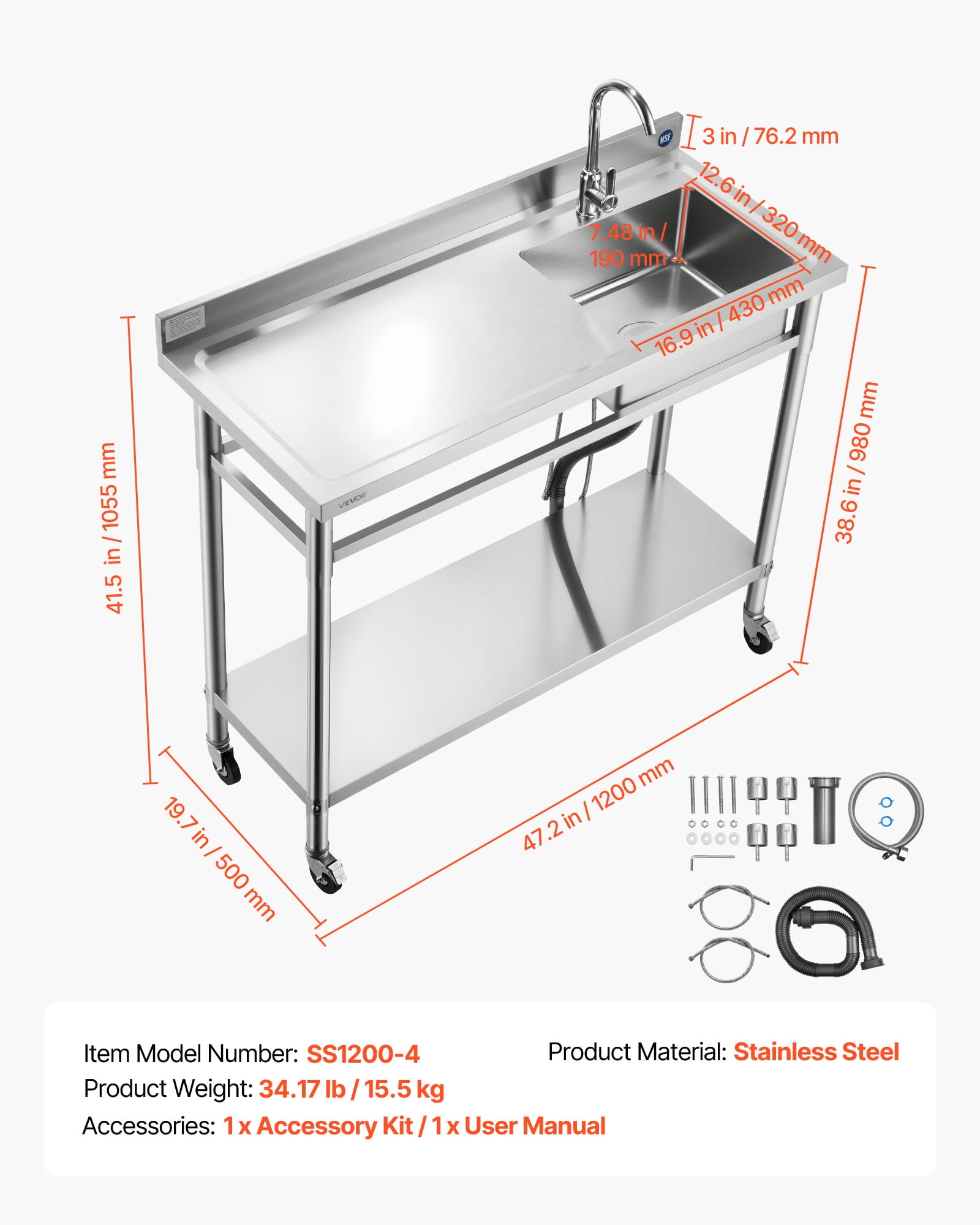 VEVOR Stainless Steel Utility Sink,Rolling Single Bowl Commercial Kitchen Sink with Wheels,Faucet and Hot & Cold Water Pipe,Utility Basin Workbench for Garage Restaurant Laundry 47.2 x 19.7 x 41.5 in