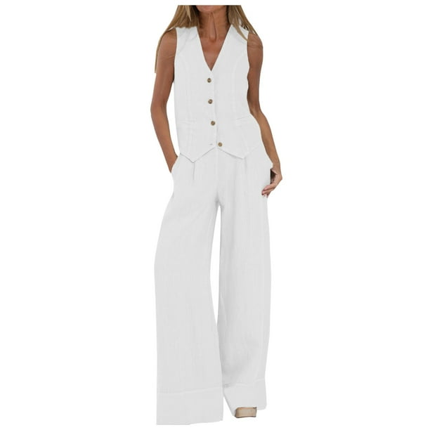 Conjunto informal de algodón de 2 piezas para mujer: camisa chaleco sin mangas con botones y pantalones rectos de pierna ancha con bolsillos, diseño sexy en el pecho, para uso diario/formal.