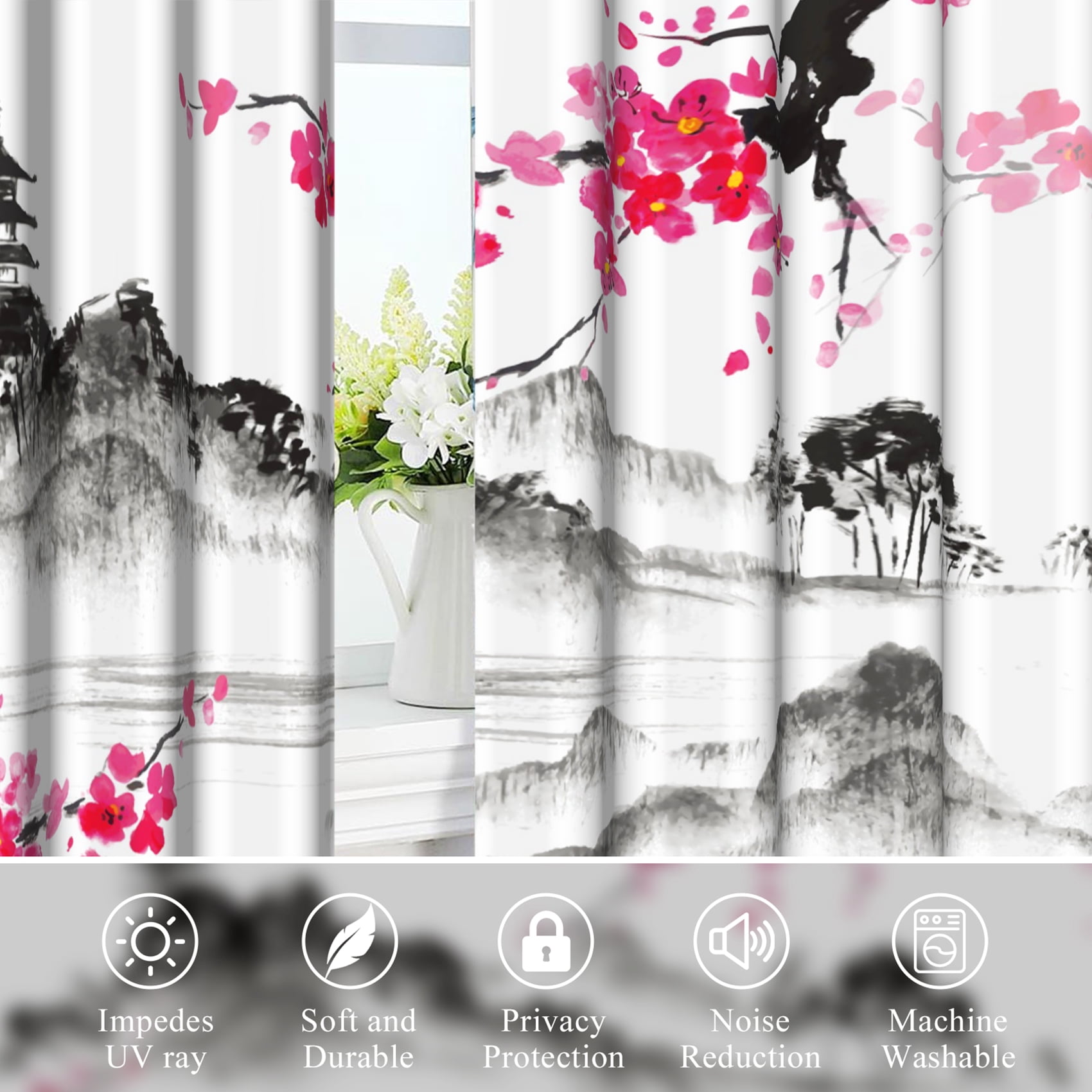 Japanese Cherry Blossom Blackout Window Curtains for Living Room,Thermal Insulated Curtains,52x84 Inch,Set of 2