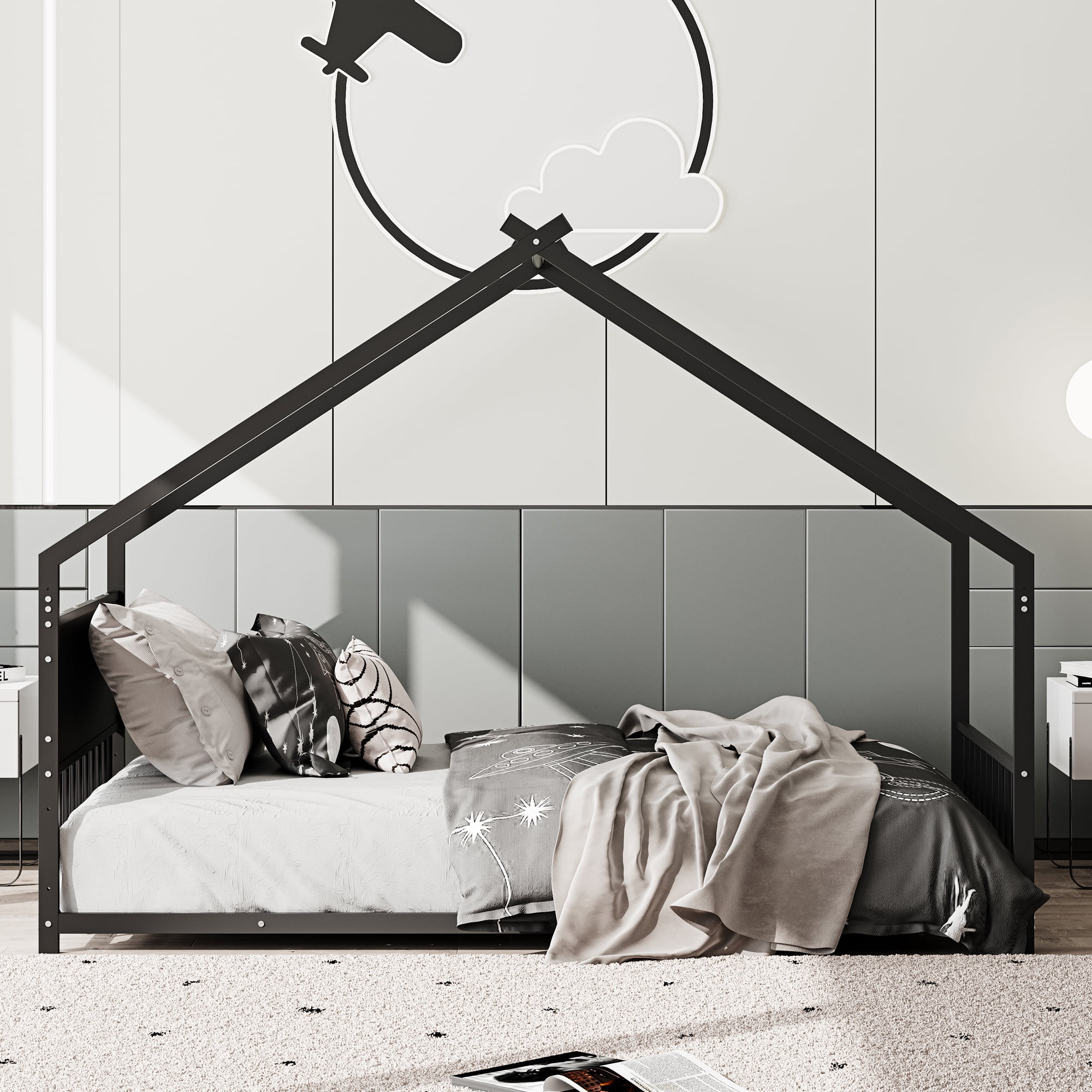 House Bed, Twin Size Bed Frame, Metal Bed with Roof and Colorful Lights, Slats Support No Box Spring Needed, Black Youth Bed