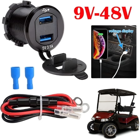 GJX 9-48V Golf Cart Voltage Meter with Dual USB 3.1 Charger