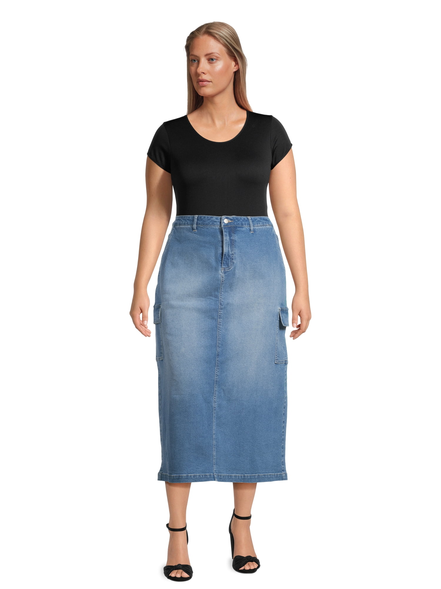 Alivia Ford Women's Plus Denim Midi Skirt with Cargo Pockets