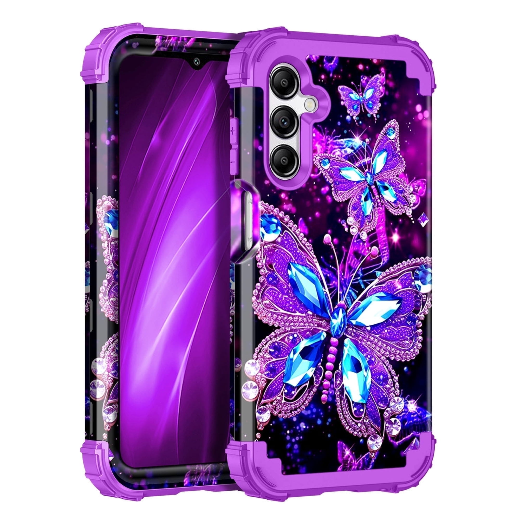 Casetego for Samsung Galaxy A16 5G Case,Glow in The Dark Three Layer Heavy Duty Shockproof Protection Hard Plastic Bumper+Soft Silicone Protective Case,Dark Purple Butterfly