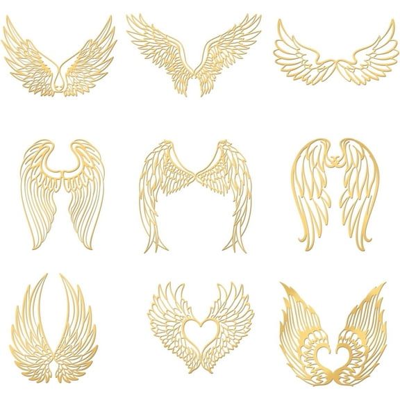 Angel Wing Theme Stickers - 9pcs 1.6"x1.6" Gold Brass Metal Stickers DIY