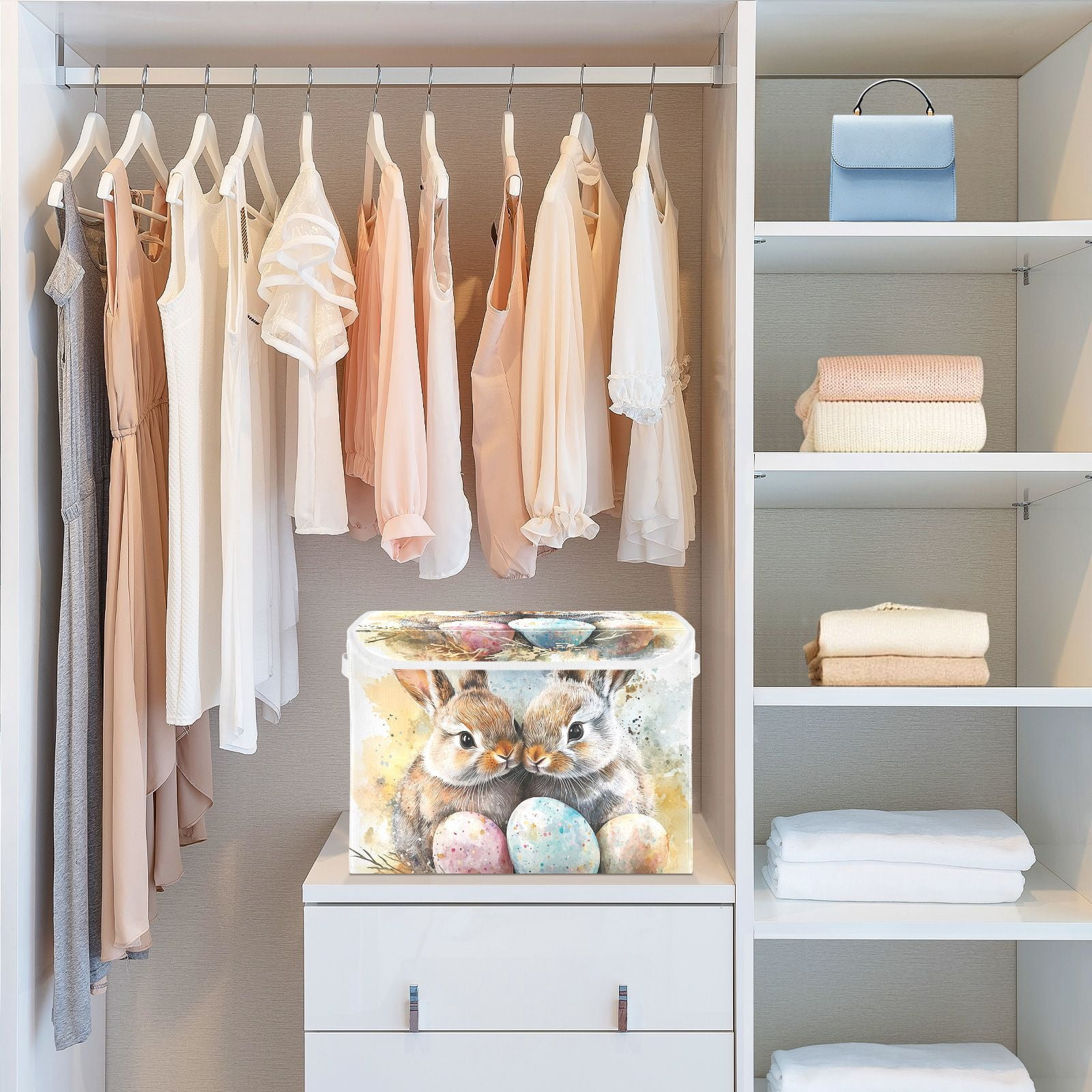 Bunnies Easter Eggs Storage Basket for Shelves Foldable Container Organizer for Organizing Toys Clothes Books with Handles