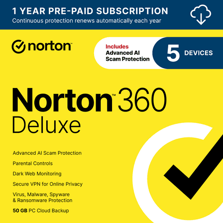 Norton 360 Deluxe, Antivirus Software, 5 Devices, 1 Year Subscription, PC/Mac/iOS/Android [Digital Download]
