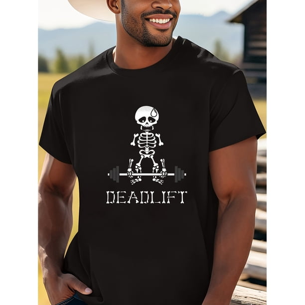 Men's Summer Cotton T-Shirt with Skeleton Deadlift Graphic Print, Casual Crew Neck Short Sleeve Tee, 100% Cotton Knit Fabric with Slight Stretch, Classic Fit - DERNM, Casual Sporty Tee, Summer Gifts