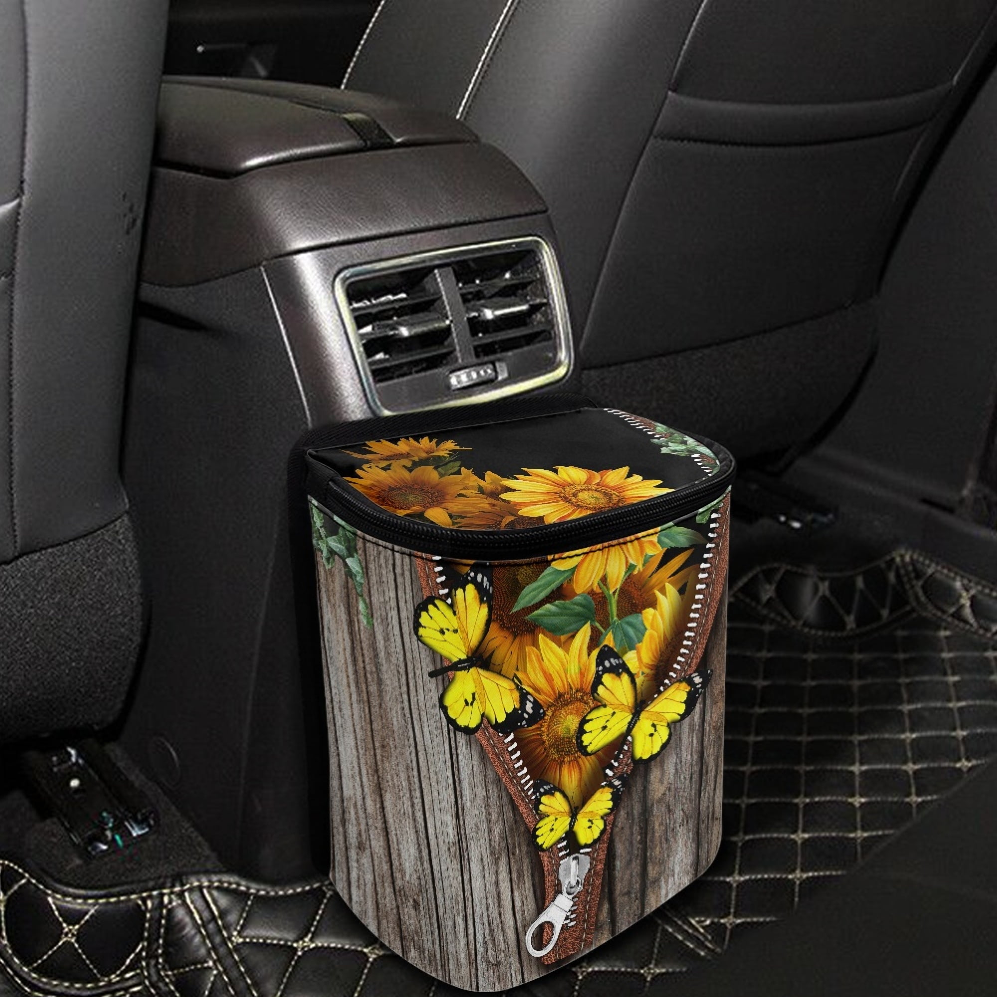 Bivenant Store Sunflower Printed Car Trash Can with Lid and Storage  Pockets,Leak-Proof Car Organizer,Waterproof Car Garbage Can, Multipurpose  Trash