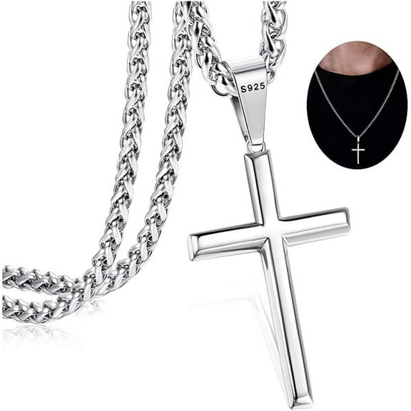 925 Sterling Silver Cross Necklace for Men Women | Strong Durable Wheat Chain Jewelry