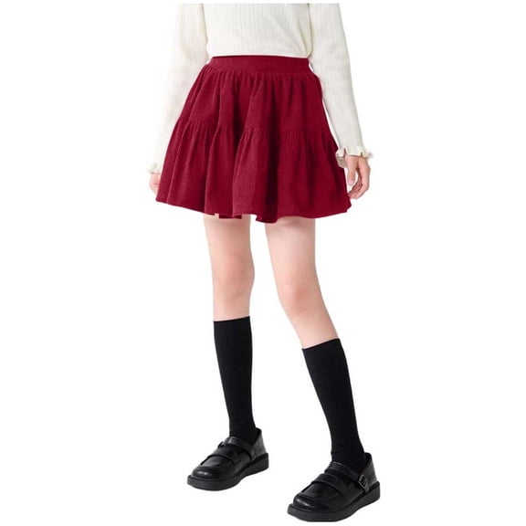 Girls Corduroy Tiered Skirts High Waist Ruffle Flare Cute Summer Spring Skirts Red, 11 Y