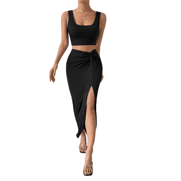 Top Corto con Falda, Falda Midi con Abertura para Mujer, Conjunto de Dos Piezas, Falda y Camiseta Sin Mangas, Negro XL