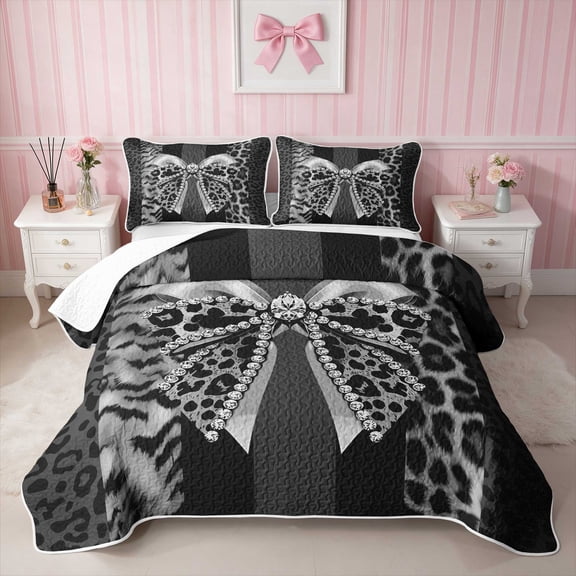 Erosebridal Leopard Bow Print Twin Quilt Set for Girls, Cheetah Animal Spots Girly Twin Coverlet Set, 2-Piece 1 Bedspread and 1 Pillowcase