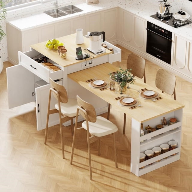 Kitchen Island with 2 Drawers & 1 Cabinet - Double-sized Storage & Expandable to 6 People