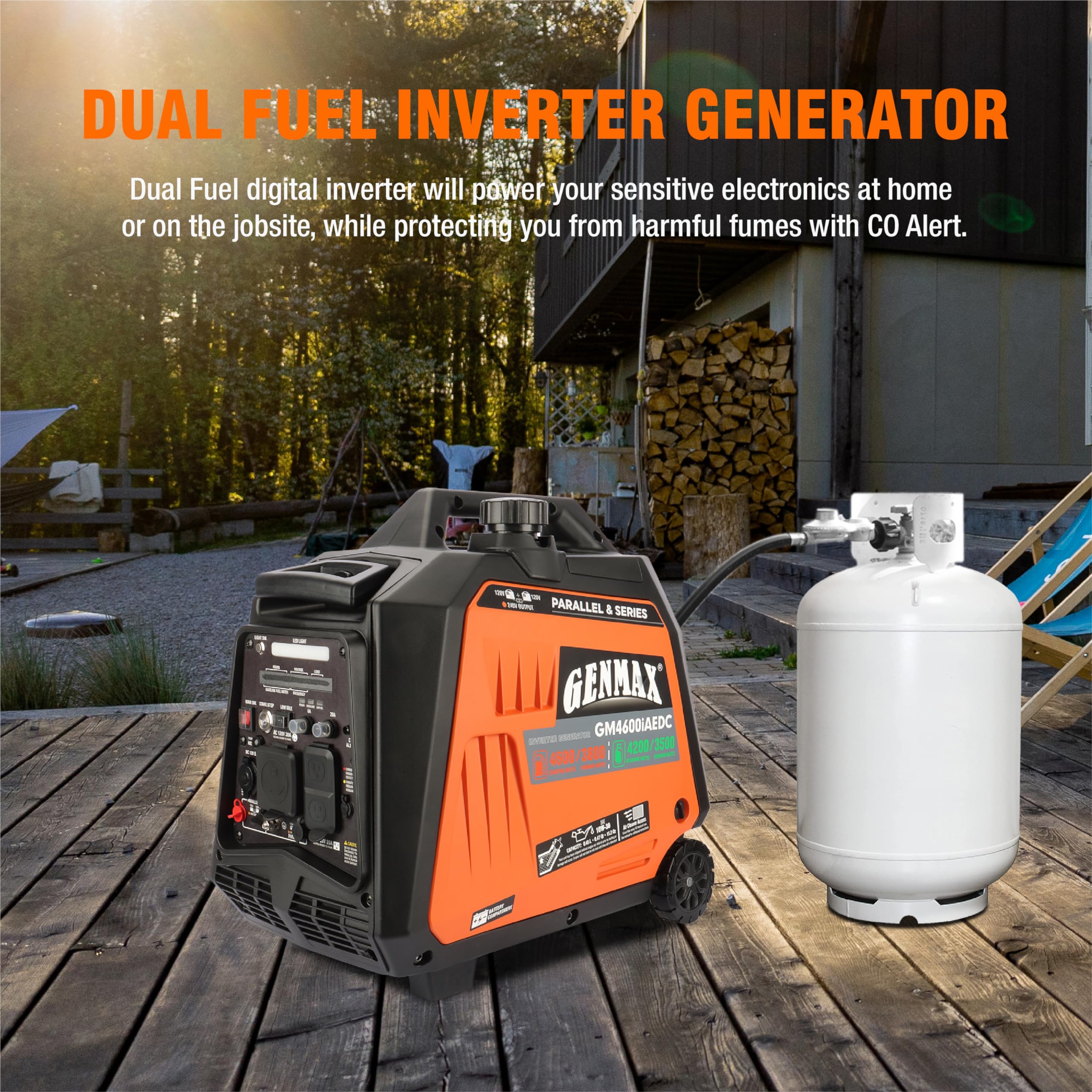GENMAX 4600W Dual Fuel Inverter Generator, Super Quiet, Remote Start with 120V&240V and LED Light for Camping and Home Backup