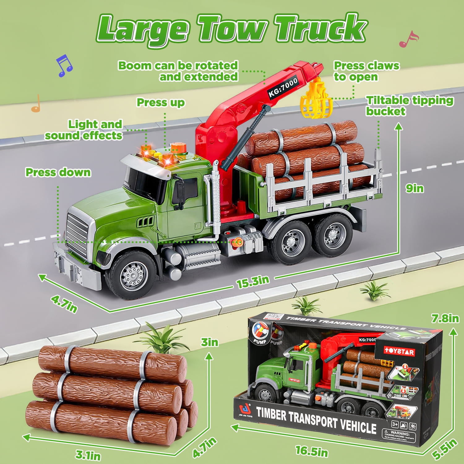 Huge Wave 15" Large Truck Toy for Boys, Kids Tow Truck Toys, with Loading Crane and 6 Timber, Lights and Sounds Christmas Birthday Gifts for 3-9 Year Toddler