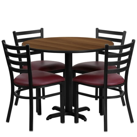 Red Kitchen Table And Chairs Set Flash Furniture 36'' Round Walnut Laminate Table Set with 4 Ladder Back Metal Chairs, Burgundy Vinyl Seat Black, Burgundy, Walnut ()