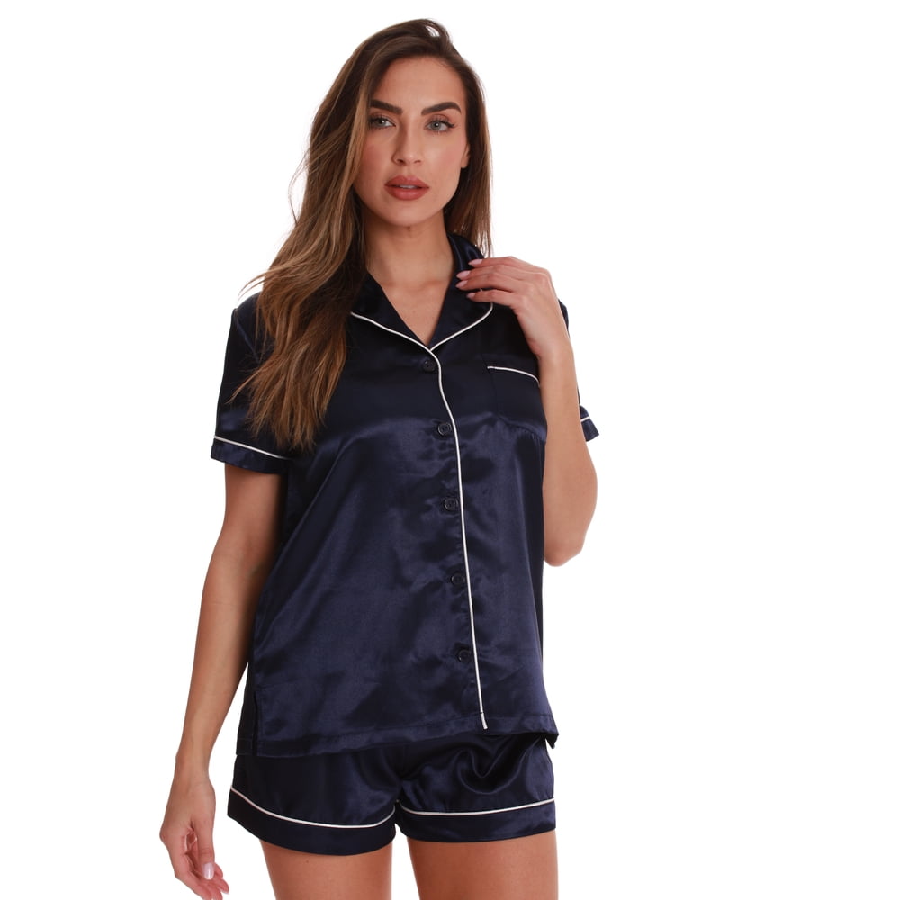 Just Love Just Love Satin Shorts Pajama Set with Notch Collar (Navy