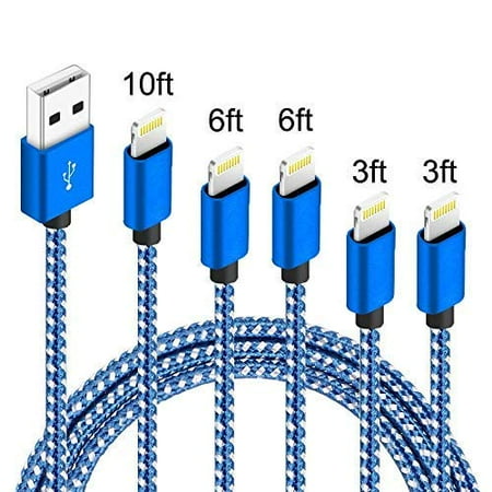 Chargers 5 Pack Charging Cable Cords Nylon Braided Data Sync Charger Compatible iPhone X/8/8 Plus/7/7 Plus/6/6S/6 Plus/5S/SE/Mini/Air/Pro Cases, 1Pack 10FT, 2 Pack 3FT, 2 Pack 6FT
