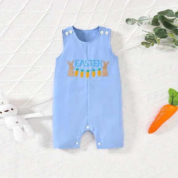 ZEHJUHAN Easter Baby Boy Sleeveless Cartoon Bunny & Letter Embroidered Bodysuit Cute Spring Summer Outfit Blue,0-3M