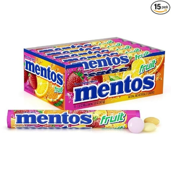 Mentos Fruit Chewy Candy Rolls, 15 Count Display Box