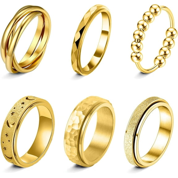 Fidget Rings for Anxiety 6pcs Stainless Steel Spinner Ring Anti Anxiety Ring Spinning Moon Star Cool Stress Relieveing CZ Rings for Women Men Band Rings Set