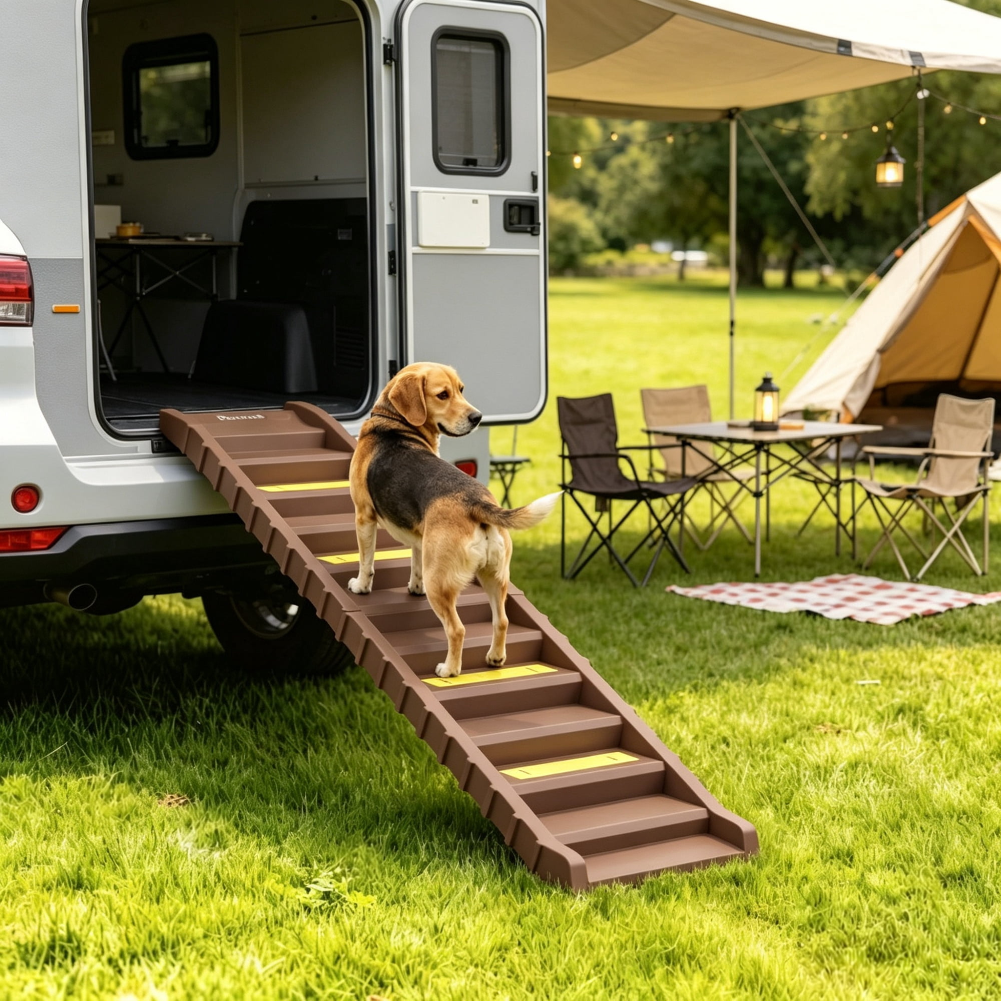 Portable Dog Ramp, Foldable Stairs for Medium Small Dogs to Get on Car Truck SUV, Brown