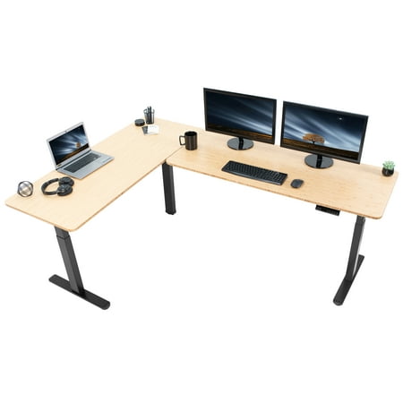 VIVO Electric 83 x 60 Stand Up Corner Desk Bamboo Table Tops Black Frame