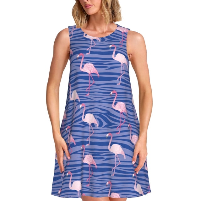 Vsdgher Robe d'Été Imprimé Flamant Rose pour Femmes Décontractée Col en U Robe de Plage Sans Manches Robe Débardeur Ample avec Poche
