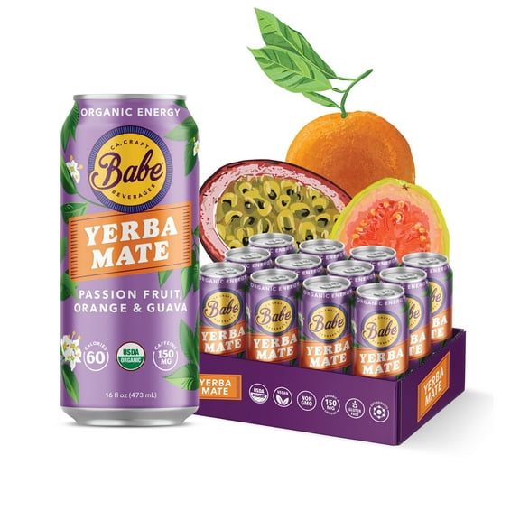 Babe Yerba Mate, Natural Energy Drink Alternative, Organic Passion Fruit, Orange & Guava 16oz (Pack of 12), 150mg Caffeine