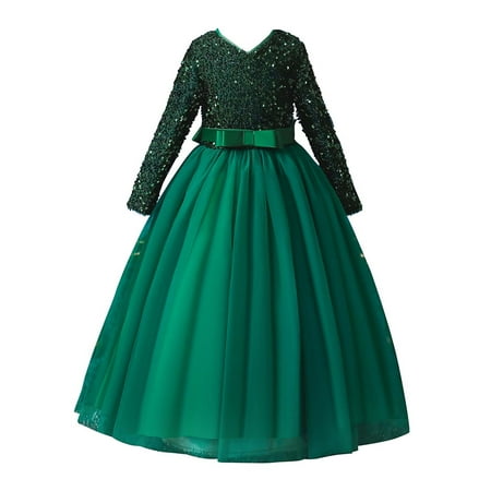 

Efsteb Children Girls Dress Cute Fashion Princess Dress Long Sleeve Sequin Mesh Splicing Wedding Toddler Girl Dress Green 5-6 Years