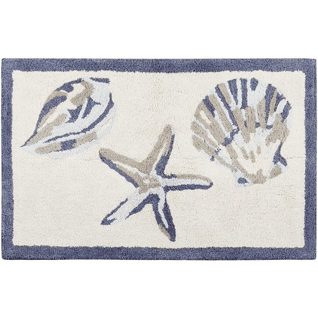 Bayside 100% Cotton Tufted Non-Slip Absorbent Ultra Soft Seashells Beach Style Bath Mat Bathroom Rugs, 21X34 Inches Blue