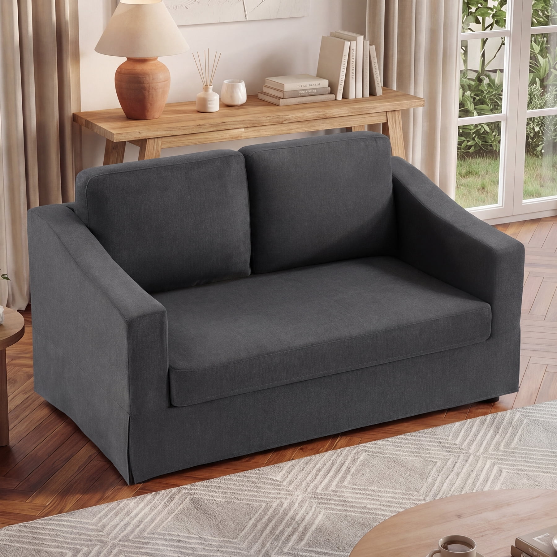 Ebello 2-Seater Loveseat Sofa, Thick Cushion Soft Fabric Upholstered Compact Couch for Living Room, Apartment, Office (Dark Gray)