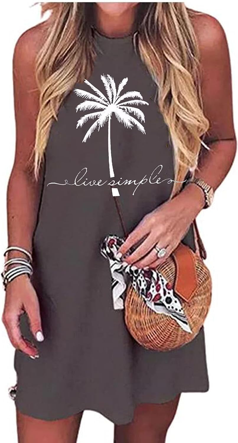 Sun Salt Sand Coconut Tree Sleeveless Mini Dress Casual Sleeveless Summer Beach Vacation Women Workout Mini Dress