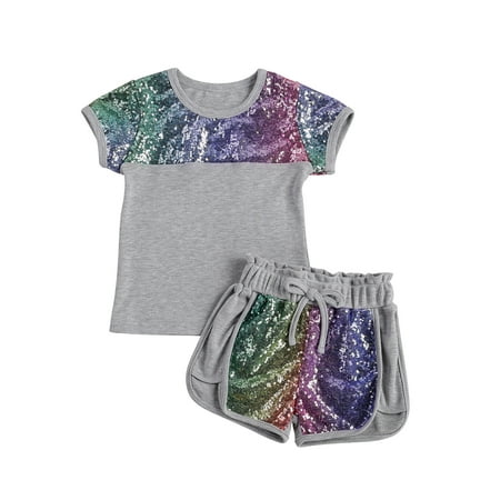 

Gwiyeopda Toddler Kids Baby Girl Sequin Outfits Short Sleeve Top T-shirt Shorts 2Pcs Set