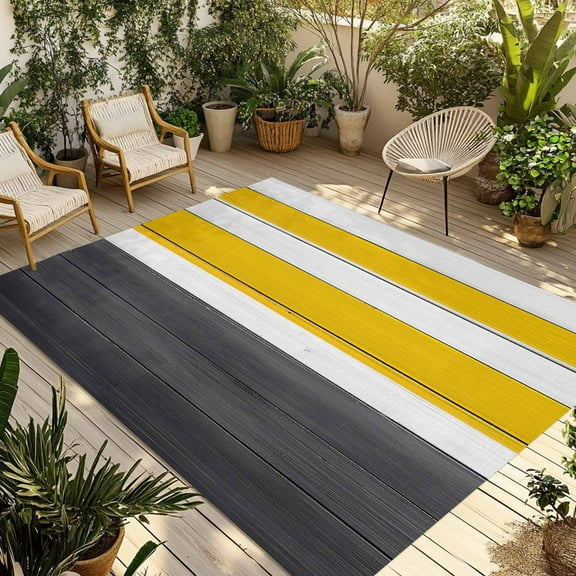 Fsddascl Black Yellow Wooden Outdoor Rug for Patio/Deck/Porch, Non-Slip Large Area Rug 5 x 8 Ft, White Hardwood Plank Board Rural Indoor Outdoor Rugs Washable Area Rugs, Camping Rug Carpet