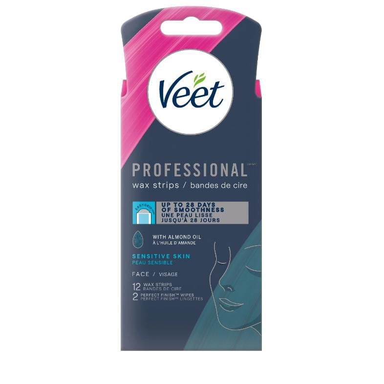 VEET® Professional™ Bandes de Cire pour le Visage, Peau Sensible, avec Huile d’Amande, 12 unités + 2 Lingettes 12/cs + 2 lingettes