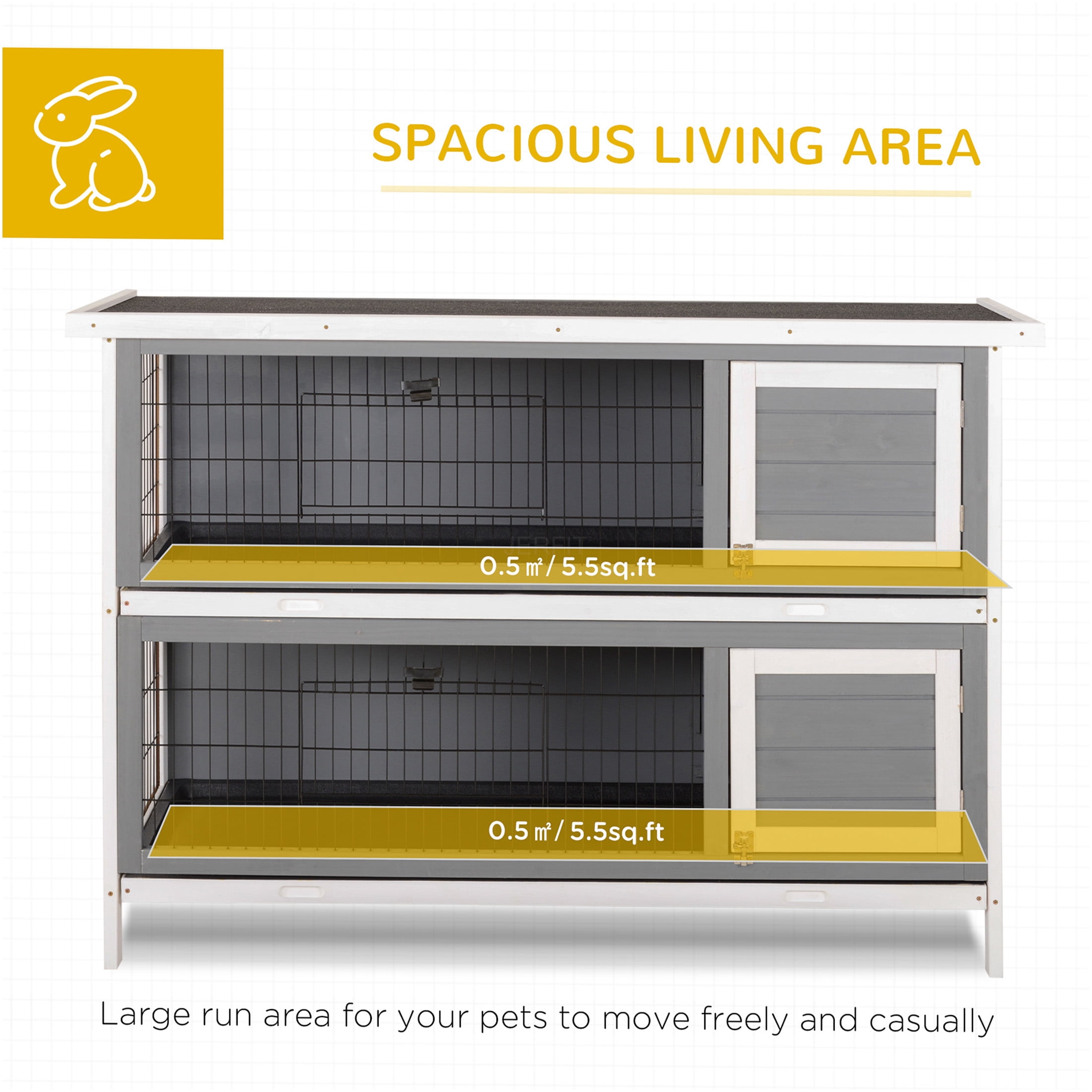 JERFIT 54 Inch Large 2-Story Rabbit Hutch with Waterproof Roof, Leak-Proof Tray & Lockable Doors, Outdoor Indoor Wooden Bunny Cage House for Small Animals, Gray