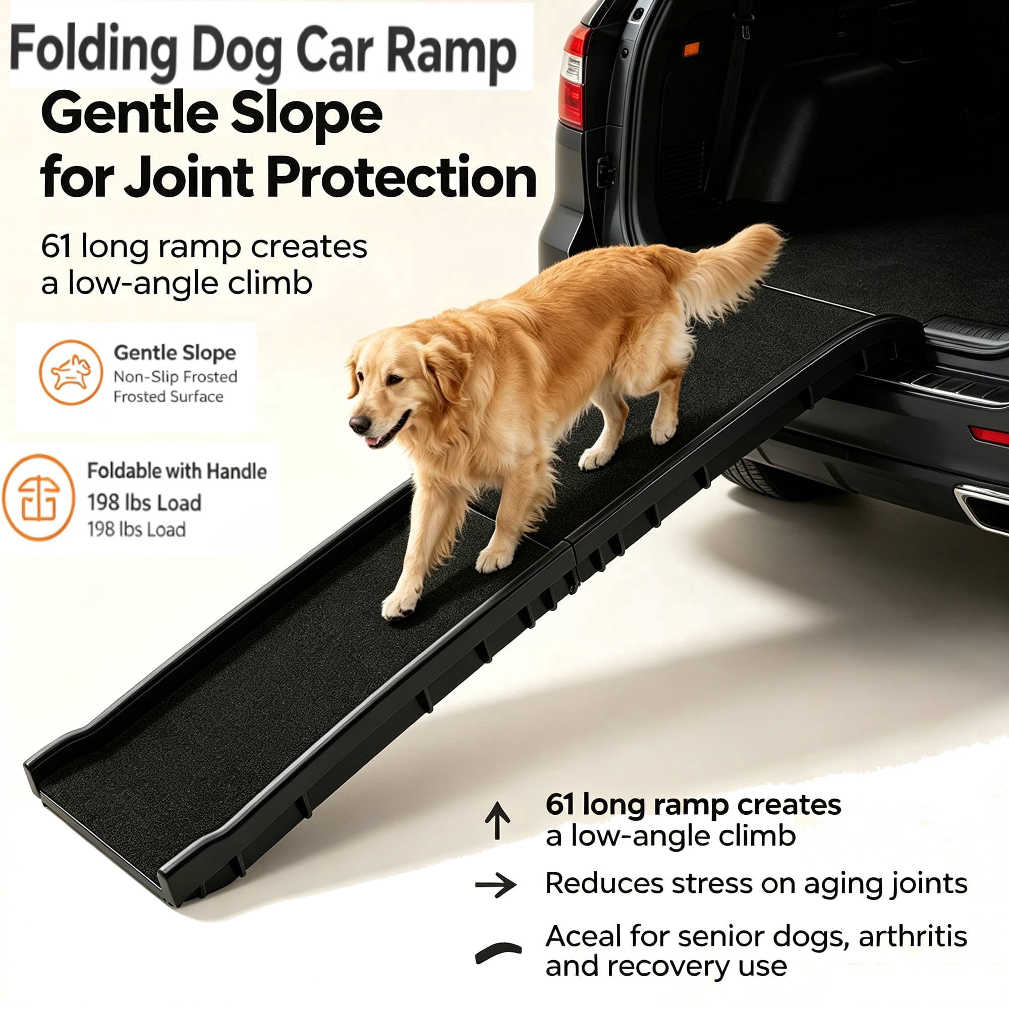 🐕 Folding Dog Ramp for Vehicles, 63" L x 15" W, Supports Medium & Large Dogs up to 200Lbs, Pet Ramp with Non-Slip Fabric Surface, Portable Design for SUVs and Trucks