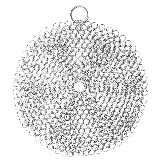 FELTECHELECTR Limpiador de hierro fundido de 8 x 8 pulgadas, de acero inoxidable, con malla de malla y aro de esquina para sartenes, ollas y woks (plateado)