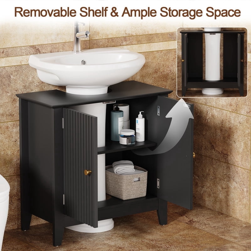 PLAMLE Pedestal Sink Cabinet with 2 Doors, Bathroom Under Sink Storage Cabinet with Adjustable Shelf，Black