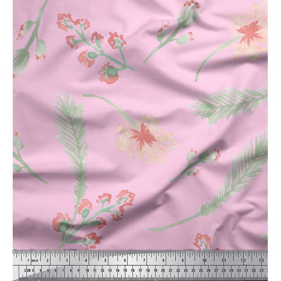 Soimoi Crepe Silk Fabric Flower & Palm Leaves Watercolor Print Sewing Fabric Yard 42 Inch Wide