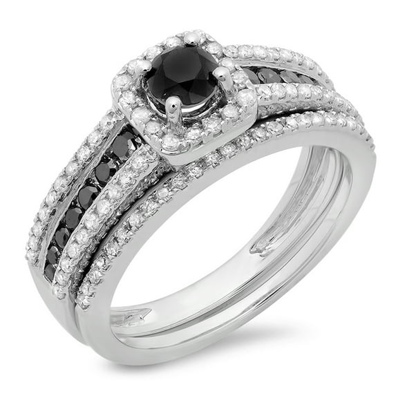 Dazzlingrock Collection 1.15 Carat (ctw) 14K White & Black Diamond Ladies Halo Bridal Engagement Ring Set, White Gold, Size 9