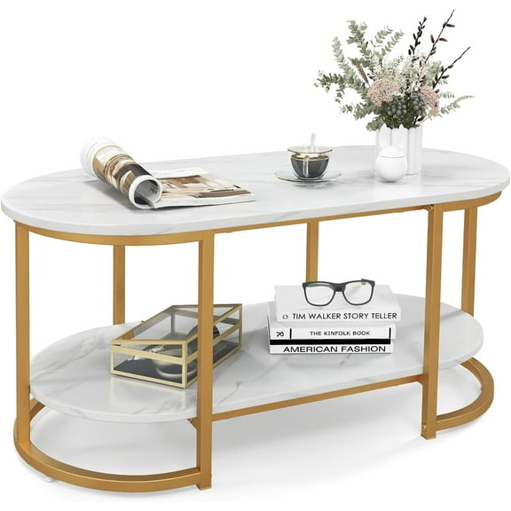Modern Oval Coffee Table, Faux Marble White Coffee Table with Wide Tabletop & Open Shelf, 2-Tier Cocktail Table, Center Table with Gold Finished Metal Frame for Living Room, Office, White