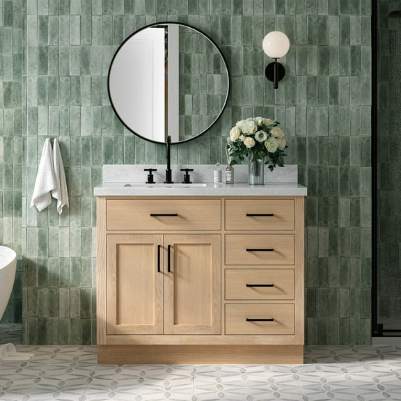Ariel Hepburn 43 Inch Single Rectangular Sink Bathroom Vanity With Italian Carrara Marble Countertop 1.5 Inch Edge In Oak