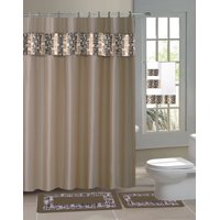 15-piece Hotel Bathroom Sets - 2 Non-Slip Bath Mats Rugs Fabric Shower Curtain 12-Hooks TAUPE MOSAIC