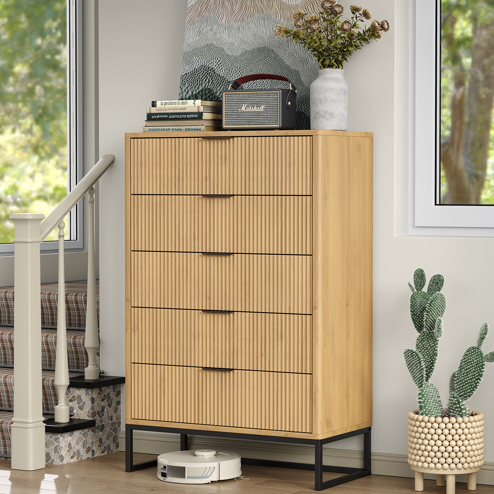 Furnihold Fluted 5 Drawers Dresser,Storage Drawers,Modern Closet Dressers Chest of Drawers, Wood Storage Dresser Organizer for Bedroom